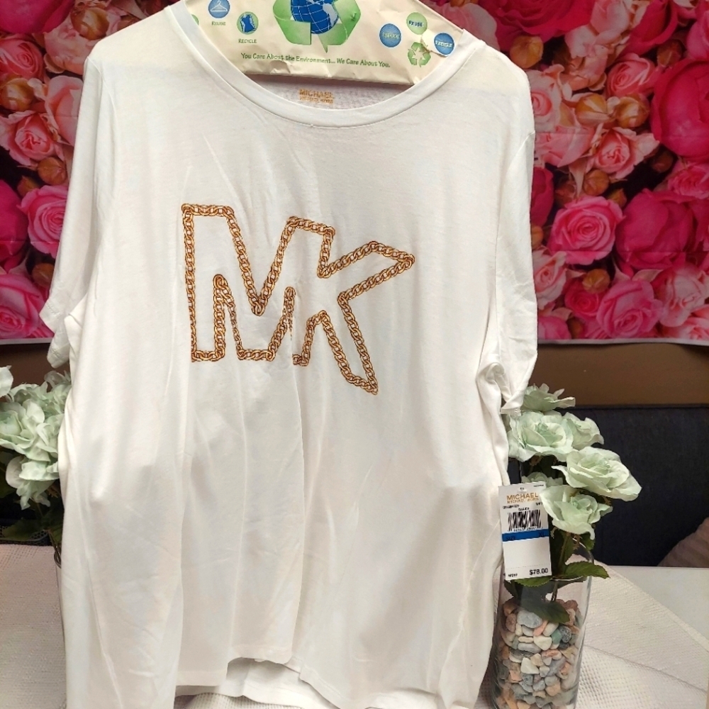 Michael Kors Womens White Logo Tshirt Size X-Large MK in Chains NWT